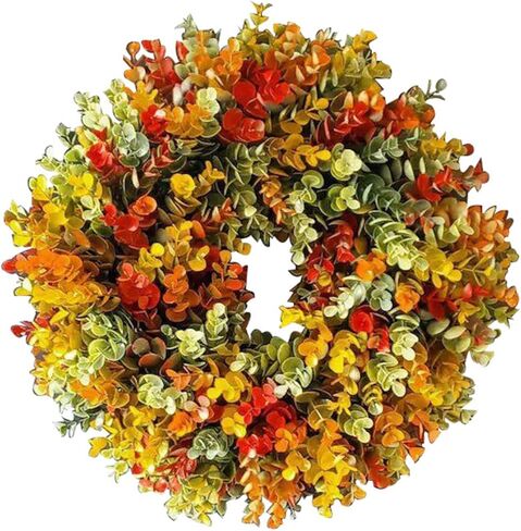 إكليل الأوكالبتوس الاصطناعي مقاس 35.56 سم للباب الأمامي، إكليل معلق من الأوكالبتوس الصناعي للشرفة والمزرعة والفناء والحديقة وعيد الشكر والاحتفال بنافذة ديكور المنزل in Kuwait