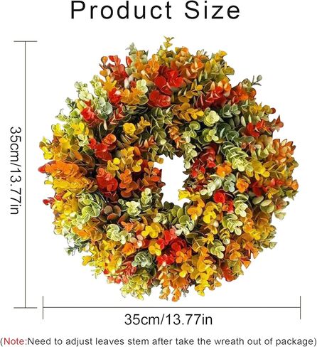 إكليل الأوكالبتوس الاصطناعي مقاس 35.56 سم للباب الأمامي، إكليل معلق من الأوكالبتوس الصناعي للشرفة والمزرعة والفناء والحديقة وعيد الشكر والاحتفال بنافذة ديكور المنزل in Kuwait