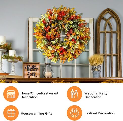 إكليل الأوكالبتوس الاصطناعي مقاس 35.56 سم للباب الأمامي، إكليل معلق من الأوكالبتوس الصناعي للشرفة والمزرعة والفناء والحديقة وعيد الشكر والاحتفال بنافذة ديكور المنزل in Kuwait