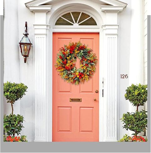 إكليل الأوكالبتوس الاصطناعي مقاس 35.56 سم للباب الأمامي، إكليل معلق من الأوكالبتوس الصناعي للشرفة والمزرعة والفناء والحديقة وعيد الشكر والاحتفال بنافذة ديكور المنزل in Kuwait