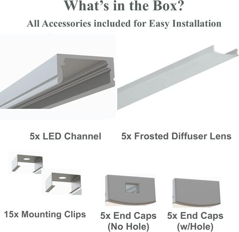 LEDPROFILES 5-Pack 8ft (2.4Meter) LED Aluminum Channel with Frosted Diffuser, End Caps and Mounting Accessories - 1971 Series LED Profile Extrusion Upto 12mm/0.47" Wide LED Strip Light in Saudi Arabia