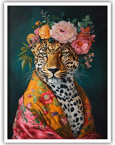 Maximalist Decor Posters Vintage Leopard Prints Floral Wall Art Fun Colourful Wall Art Decor Eclectic Animal Wall Art Portrait Canvas Prints for Nursery Bedroom Office Home Decor 12x16inch Framed in Saudi Arabia