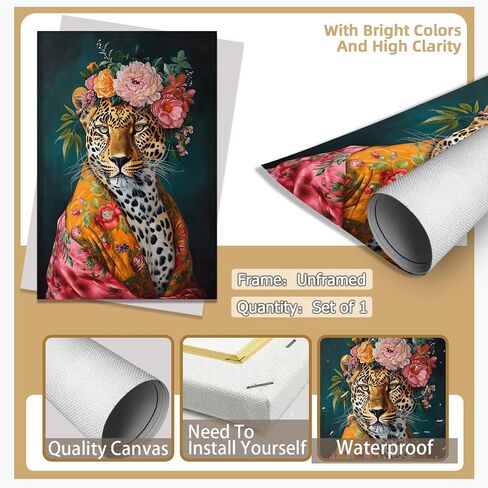 Maximalist Decor Posters Vintage Leopard Prints Floral Wall Art Fun Colourful Wall Art Decor Eclectic Animal Wall Art Portrait Canvas Prints for Nursery Bedroom Office Home Decor 12x16inch Framed in Saudi Arabia