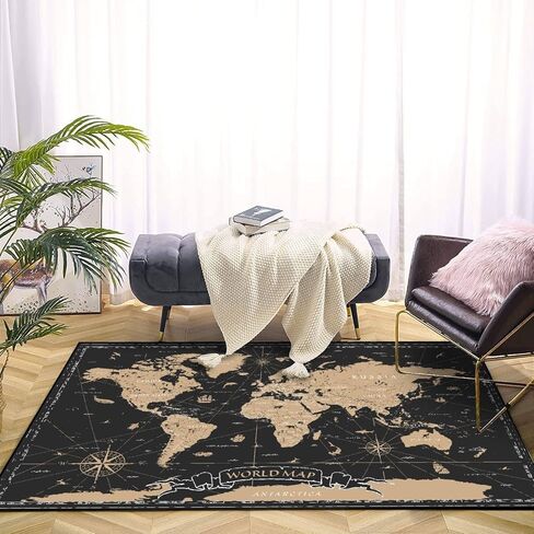 سجادة منطقة كلاسيكية باللون الأسود والذهبي لخريطة العالم، سجادة لعب في الهواء الطلق، سجادة أرضية حديثة، سجادة أرضية غير قابلة للانزلاق، ديكور منزلي، غرفة المعيشة، غرفة نوم الأطفال، الحضانة، 6x9 قدم in Kuwait