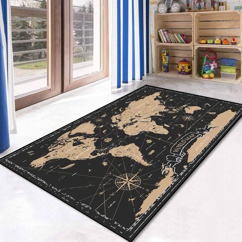 سجادة منطقة كلاسيكية باللون الأسود والذهبي لخريطة العالم، سجادة لعب في الهواء الطلق، سجادة أرضية حديثة، سجادة أرضية غير قابلة للانزلاق، ديكور منزلي، غرفة المعيشة، غرفة نوم الأطفال، الحضانة، 6x9 قدم in Kuwait