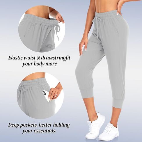 بنطال رياضي FULLSOFT Capri للنساء - بنطلون رياضي مع جيوب عالي الخصر لتمارين اليوجا والجري (رمادي فاتح - XX-Large (كابري)) in Kuwait