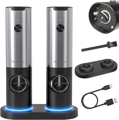 Electric Salt and Pepper Grinder Set Rechargeable, USB Charging Base, Automatic Salt and Pepper Mill Shakers Refillable, One-handed Operation, Adjustable Coarseness, LED Light in Saudi Arabia