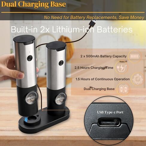 Electric Salt and Pepper Grinder Set Rechargeable, USB Charging Base, Automatic Salt and Pepper Mill Shakers Refillable, One-handed Operation, Adjustable Coarseness, LED Light in Saudi Arabia