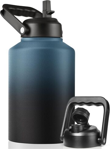 Insulated Gallon Water Bottle Jug with Straw, 128 oz Large Stainless Steel Sports Metal Water Canteen With Handle, Thermal Water Cup Mug with 2 Lids, Midnight Black in Kuwait