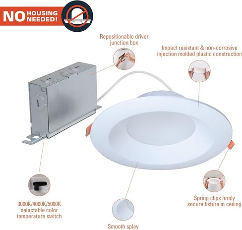 HALO 4-inch Canless LED Recessed Light Selectable 3000K, 4000K, 5000K CCT 600 Lumens – White in Kuwait