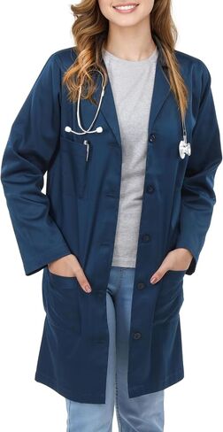 NY Threads Professional Lab Coat for Women (Pack of 1) Full Sleeve Poly Cotton Long Medical Coat, Large, Navy in Saudi Arabia
