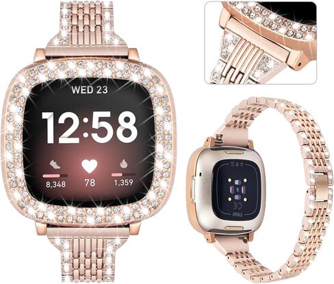 MOFREE Bling Band متوافق مع Fitbit Versa 3 Bands/Fitbit Sense Bands للنساء مع حافظة واقية صلبة من الصدمات، سوار معصم معدني من حجر الراين الماسي من أجل Fitbit Versa 3/Sense in Kuwait