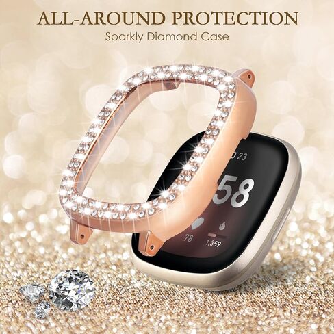 MOFREE Bling Band متوافق مع Fitbit Versa 3 Bands/Fitbit Sense Bands للنساء مع حافظة واقية صلبة من الصدمات، سوار معصم معدني من حجر الراين الماسي من أجل Fitbit Versa 3/Sense in Kuwait