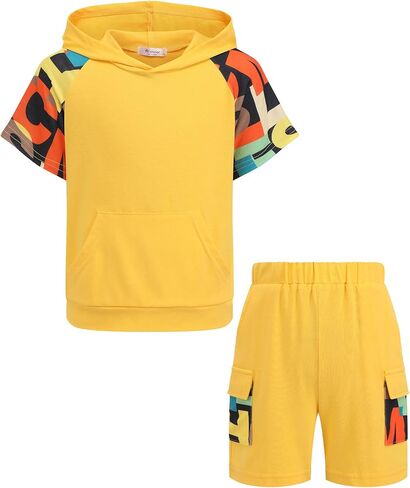 Arshiner Boys 2 Piece Summer Outfits Letter Graphic Colorblock Short Sleeve Hoodie and Short Sets whith Pockets 5-12 Years in Kuwait