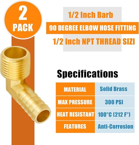 خرطوم نحاسي مناسب للكوع 90 درجة، محول ذكر الكوع 1/2 بوصة إلى 1/2 بوصة NPT مع مشبكي خرطوم للوقود والهواء والماء (قطعتان) in Kuwait