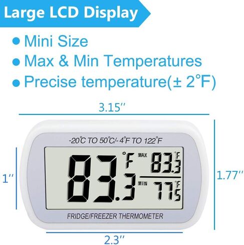 ميزان حرارة الثلاجة الرقمي، ميزان حرارة غرفة التجميد، مقاوم للماء، شاشة LCD كبيرة، وظيفة تسجيل الحد الأقصى/الدقيقة، أبيض in Kuwait