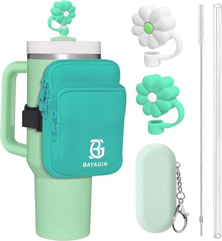 Water Bottle Pouch, Flower Straw Cover, Straw with Travel Carry Case Cleaning Brush for Stanley Cup/Simple Modern 40oz 30oz, Water Bottle Bag for Cards,Keys,Phone,Gym Accessories for Women in Saudi Arabia