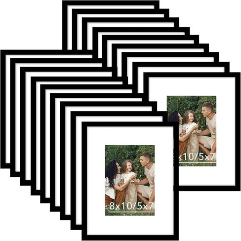 18 Packs 8x10 Picture Frames, Display 5x7 with Mat or 8x10 Without Mat, Black Gallery Wall Frame Set, 8x10 Frames Bulk Set of 18 Collage Wall Decor Photo Frames Set for Wall Hanging and Tabletop, Black in Kuwait