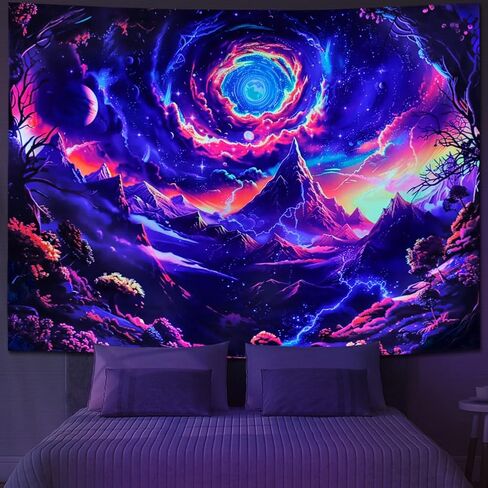 Yuiqear Blacklight Galaxy Space Tapestry UV Reactive Planet Mountain Tapestry Trippy Plant Floral Wall Tapestry Mysterious Starry Sky Tapestry Wall Hanging for Bedroom Decor in Saudi Arabia