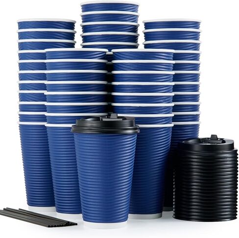 LITOPAK 80 Pack 16 oz Disposable Coffee Cups, Insulated Ripple Wall Paper Coffee Cups, Hot Paper Cups, Three Layer Insulated Coffee Cups with Lid and Straws for Parties, Picnics, and Travel. in Saudi Arabia