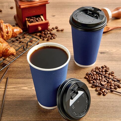 LITOPAK 80 Pack 16 oz Disposable Coffee Cups, Insulated Ripple Wall Paper Coffee Cups, Hot Paper Cups, Three Layer Insulated Coffee Cups with Lid and Straws for Parties, Picnics, and Travel. in Saudi Arabia