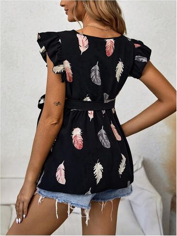 OYOANGLE Women's Maternity Graphic Print Wrap V Neck Ruffle Cap Sleeve Blouse Belted Peplum Shirt Tops in Saudi Arabia