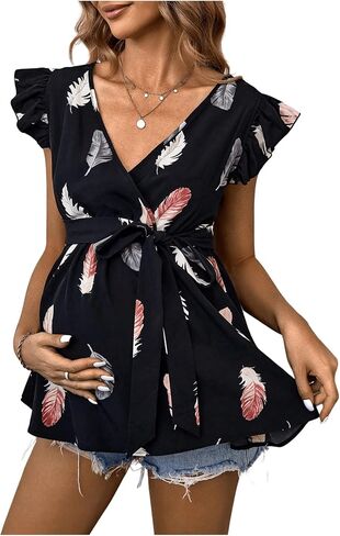 OYOANGLE Women's Maternity Graphic Print Wrap V Neck Ruffle Cap Sleeve Blouse Belted Peplum Shirt Tops in Saudi Arabia