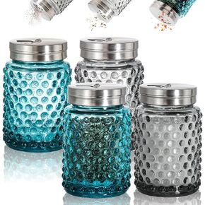 ZOOFOX 4 Pack Glass Salt and Pepper Shaker Set, 4 oz Retro Style Salt Shaker with Stainless Steel Lid and Adjustable Pour Hole, Hobnail Spice Bottles for Home, Restaurant, BBQ, RV and Camping