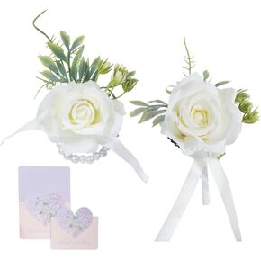 RECUTMS Wedding Bouquets Wrist Corsage Groom Boutonniere Fake Rose Flowers with 1 Card for Bride Bridesmaid Weddings Bridal Shower Anniversary Decoration Set of 3 (White)