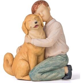 Boy and Dog Figurine Gift, Man and Puppy Dog Statue Memorial Friendship Collectible Hand Sculpted Loss of Dog Gifts for Dog Lovers (Joyful Friendship)