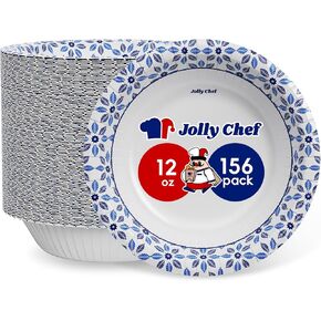 JOLLY CHEF 156 Count Paper Bowls 12 oz Soak Proof, Heavy Duty Printed Disposable Small Bowls Bulk for Dinner or Lunch