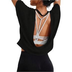 Verdusa Women's Backless Workout Athletic Crop T Shirt Tops Short Sleeve Gym Tees