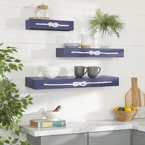 Deco 79 Wood Rectangle Wall Shelf with Knotted Rope, Set of 3 32", 24", 16"W, Blue