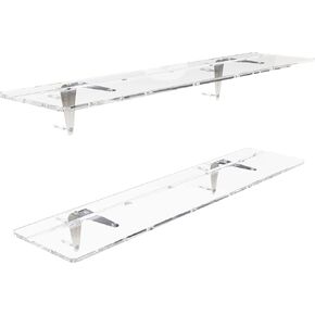Acrylic Shelves Set of 2 Clear Floating Shelf with Cable Hole 23.6" Length 5.5" Depth Two Pieces Wall Shelves for Bedroom Kitchen Living Room Bathroom Office Display Organizer Ledge