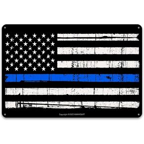 KAIMKEART Blue Lives Matter Flag Metal Tin Sign Wall Decor Man Cave Bar Police Officer Thin Blue Line Gift