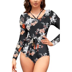 SHEKINI Womens One-Piece Rash Guard Swimsuits Ladies Halter Tummy Control Swimming Soft Surf Long Sleeves Suit