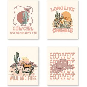 PUHEI Retro Western Howdy Cowgirl Wall Art Prints Set of 4,Western Nursery Decor Girl, Western Room Decor For Teen Girls, Cowgirl Nursery Decor (Unframed), Western Boho Bedroom Decor, 8 x 10 In