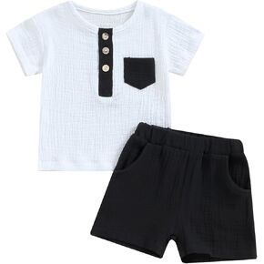 fhutpw Baby Boy Summer Outfits Henley Shirt Soft Pocket Short Sleeve Tops & Shorts Sets Infant 3 6 12 18 Months 2T Clothes