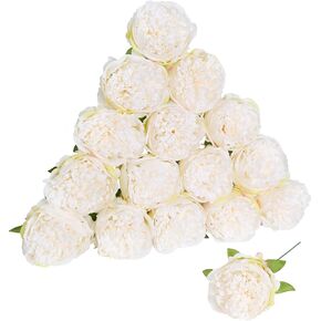 16pcs Peonies Artificial Flowers White Peony Silk Flowers Fake Peonies Faux Peony Flowers Silk Peonies Heads with Stem Realistic Flowers for Home Wedding Party Festival Decor (Cream White)