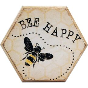Rustic Bee Wood Hexagon Box Sign for Wall & Tabletop - Bee-Happy -6.4 x 5.5 in(BEE HAPPY)