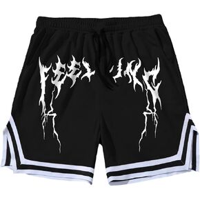 SHENHE Men's Striped Trim Graphic Print Track Shorts Drawstring Waist Slant Pocket Shorts