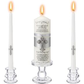 Baptism Candle Set of 3 with Candle Holder, Baptismal Pillar Candles for Boys Girls Religious Celebration, Christening, Special Events Catholic Bible Religious Wedding Baby Shower(Gold)