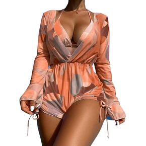 IDOPIP Women's One Piece Swimsuit Cover up with Bikini Set 3 Piece Swimsuits Printed Halter Bikini Bathing Suit Beachwear