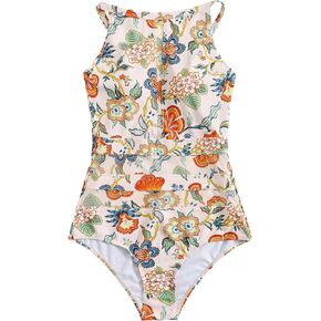 WDIRARA Women's Random Floral Print Swimwear High Neck Sleeveless Onepiece Swimsuit