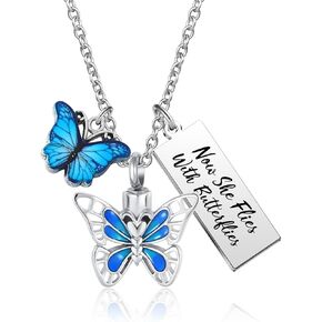 Flying Butterfly Cremation Jewelry for Ashes Insect Urn Necklace Stainless Steel Pendant Keepsake for Women with Filling Kits