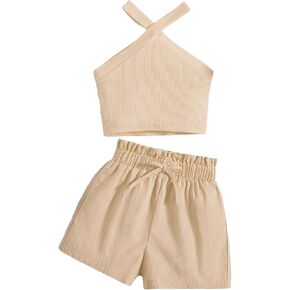 MakeMeChic Girl's 2 Piece Summer Outfits Ribbed Knit Sleeveless Top Wide Straight Leg Shorts Sets
