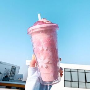 PEXIZUAN Kawaii Water Bottle with Cherry Blossom Pattern Transparent and Cute Girl Heart Portable Sports Outdoor Water Cup (Pink)