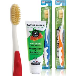 MOUTHWATCHERS Dr Plotkas Extra Soft Flossing Toothbrushes and Whitening Toothpaste Manual Soft Toothbrushes for Adults | Natural Toothpaste | Pack of 2 Toothbrushes and 1 Toothpaste, Colors May Vary