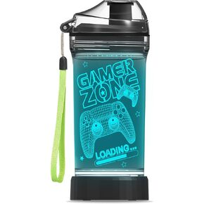 YuanDian Gamer Zone Water Bottle for Boys, Controller 7 Color Lights 3D Light up Drinking Cups Gifts for Gamers Men, BPA Free & Leak Proof Flip Top Lid & Easy Clean & Carry Handle, 14oz/ 400ml