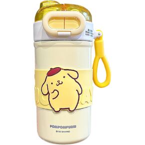 Pom Pom Purin Stainless Steel Insulated Water Bottle with Carrying Loop (Spout & Straw) - 510ml, Yellow